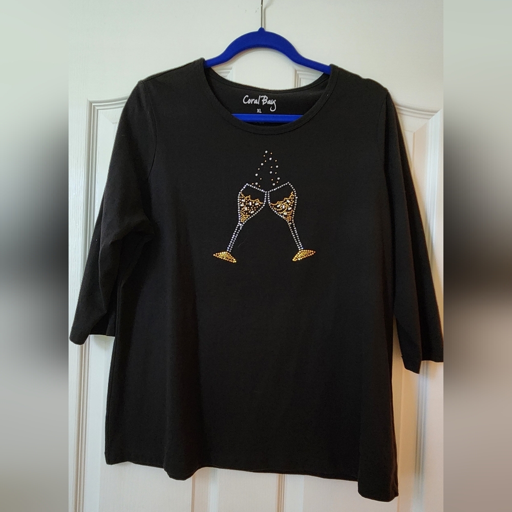 Coral Bay Black Long Sleeve Soft Flowing Tee with Gold Glass Design